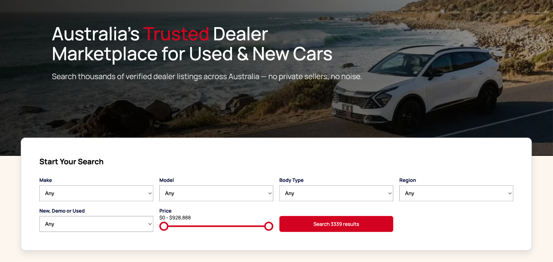 Auto Buyers Guide search interface showing filters for make, model, body type, region and price